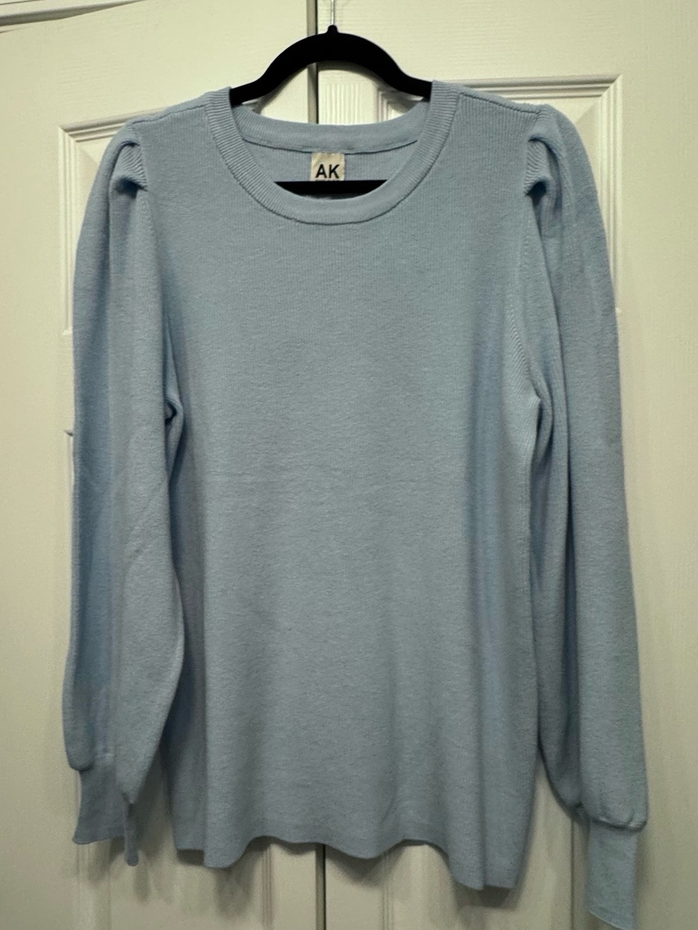 Anne Klein Pale Blue Puff Sleeve Ribbed Crewneck Sweater